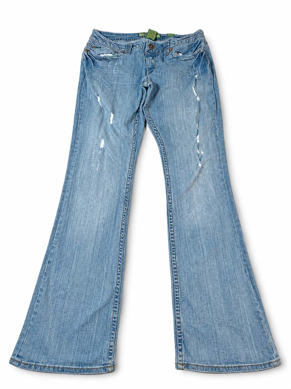 R.E.U.S.E. Y2K Light Wash Distressed Flare Jeans with Cross Pocket Detail